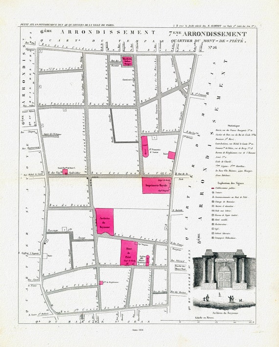 Perrot, Paris 7 Me. Arrondissement  Quartier du Mont de Piete. No. 26, 1834, une carte sur toile de coton épaisse, environ 56x70cm