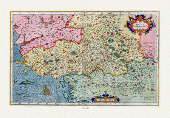 Poictou sive Pictaviae descriptio., Per Gerardum Mercatorem Cum Privilegio, 1623, carte sur toile de coton épaisse, environ 56x70cm