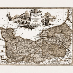 Normandy: van der Aa, Carte du Gouvernement de Normandie, 1714 Ver. S, carte sur toile de coton épaisse, environ 56x70cm