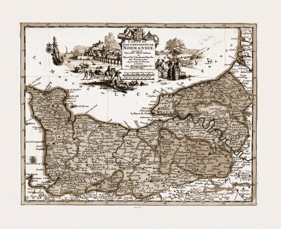 Normandy: van der Aa, Carte du Gouvernement de Normandie, 1714 Ver. S, carte sur toile de coton épaisse, environ 56x70cm