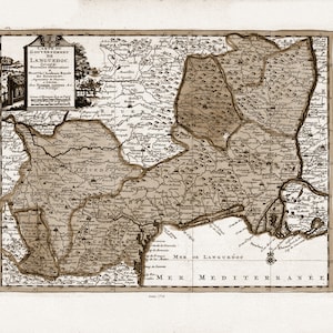 Languedoc: Pieter van der Aa, Carte du gouvernement de Languedoc, 1714 Ver. S, une carte sur toile de coton épaisse, environ 56x70cm