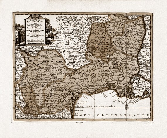 Languedoc: Pieter van der Aa, Carte du gouvernement de Languedoc, 1714 Ver. S, une carte sur toile de coton épaisse, environ 56x70cm