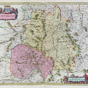 Auvergne, 1665, Blaeu auth. , une carte sur toile de coton épaisse, environ 56x70cm