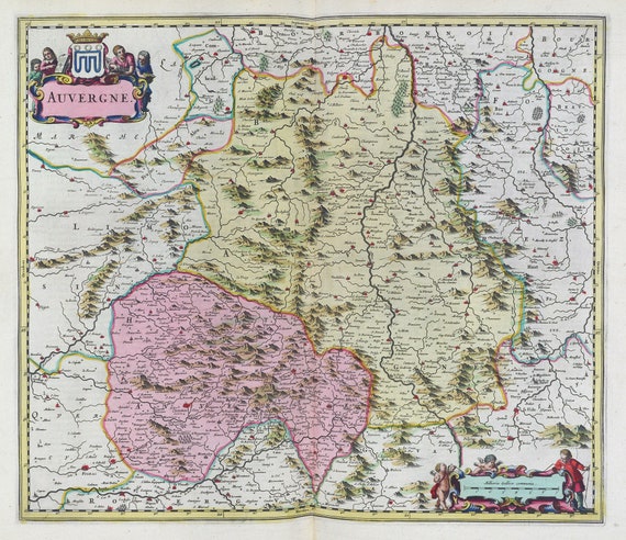 Auvergne, 1665, Blaeu auth. , une carte sur toile de coton épaisse, environ 56x70cm