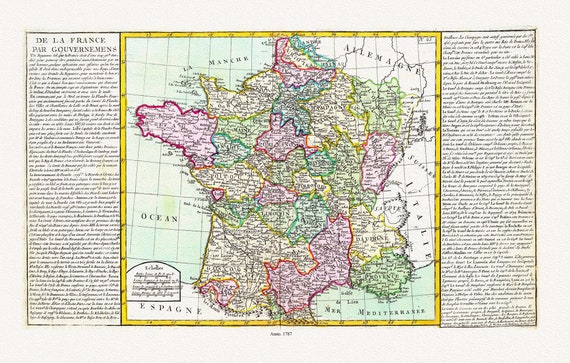 Clouet, De la France, par gouvernemens, 1787 ,une carte sur toile de coton épais, 56x70cm environ