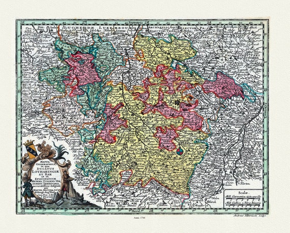 Lorraine: Mappa Geographica, in qua Ducatus Lotharingiae Et Bar ut et Episcopatuum Metens Lorraine, 1744,toile de coton épaisse,  56x70cm