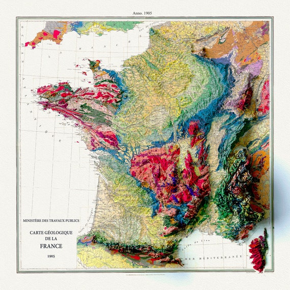 Carte Geologique de France, 1905, map on durable cotton canvas, 50 x 70 cm. Approx.