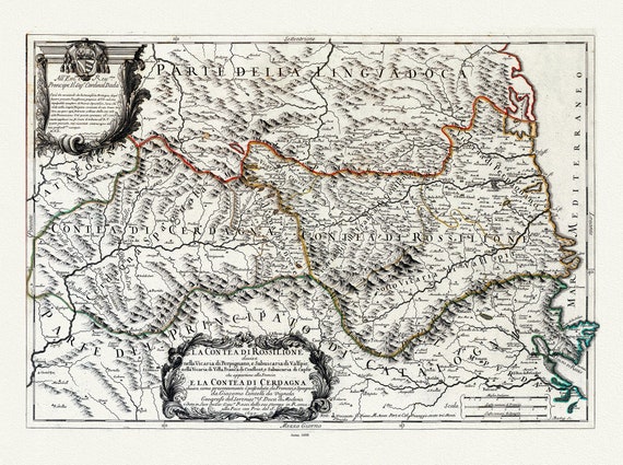 Roussillon: Rossi, La contea di Rossilione, 1690 , une carte sur toile de coton épaisse, environ 56x70cm