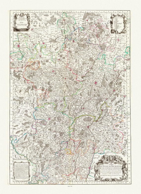 Burgundy: Delisle, (Guillaume de,1675-1726), Bourgogne, 1709 , carte sur toile de coton épaisse, environ 56x70cm