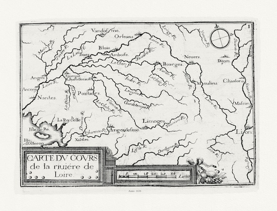 Loire: Tassin, Carte du cours de la riviere de Loire, 1636, une carte sur toile de coton épaisse, environ 56x70cm