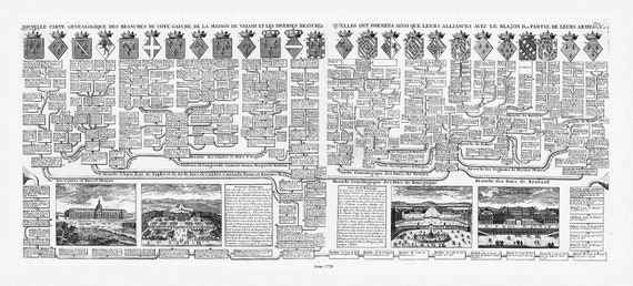 Henri Chatelain, Carte genealogique des branches du cote gauche de la Maison de Valois, 1718, sur toile de coton épaisse, environ 56x70cm