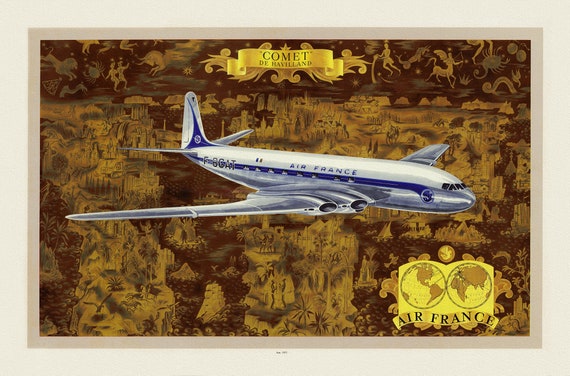 Comet de Havilland, Air France, 1953 Ver. I, une affiche de voyage sur toile de coton épaisse, environ 56 x 70cm