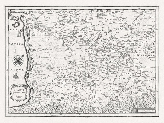 Mariette, Carte generale de Guyenne, 1653, carte sur toile de coton épaisse, environ 56x70cm