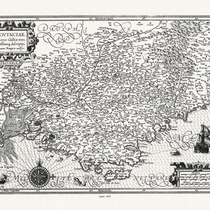 Provence: Mercator et Hondius, Provinciae, Regionis Galliae, vera eaxctissimaq, 1607, une carte sur toile de coton épaisse, environ 56x70cm