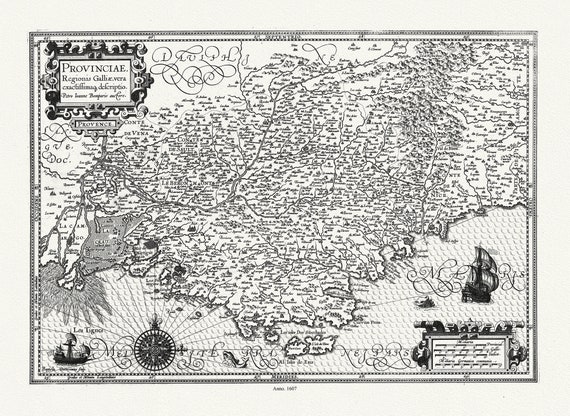 Provence: Mercator et Hondius, Provinciae, Regionis Galliae, vera eaxctissimaq, 1607, une carte sur toile de coton épaisse, environ 56x70cm