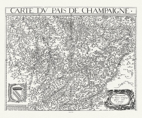 Champagne-Brie: Michel de La Rochemaille et Le Clerc, Carte du Pais de Champaigne, 1616, carte sur toile de coton épaisse, environ 56x70cm