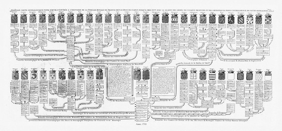 Un Nouvelle carte genealogique pour servir d'entrée a l'histoire de la famille Royale de France, 1718, toile de coton épaisse, 56x70cm