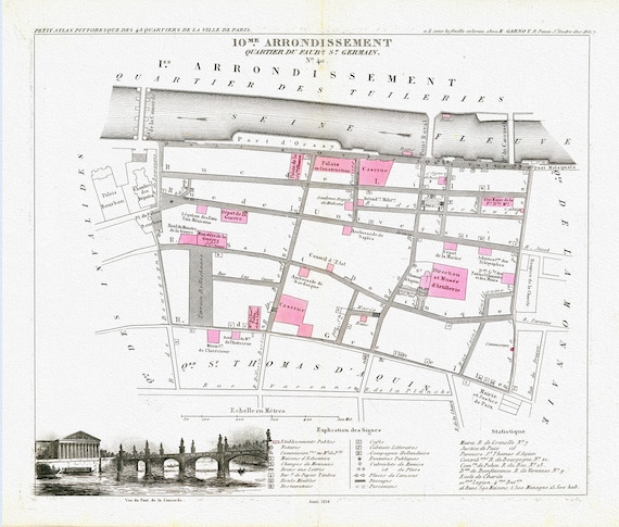 Perrot-Paris 10 Me. Arrondissement  Quartier du Faubr. St. Germain. No. 40-1834 , une carte sur toile de coton épaisse, environ 56x70cm