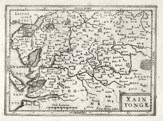 Poictou: Xaintonge.1636. Mercator et al. auth. , une carte sur toile de coton épaisse, environ 56x70cm