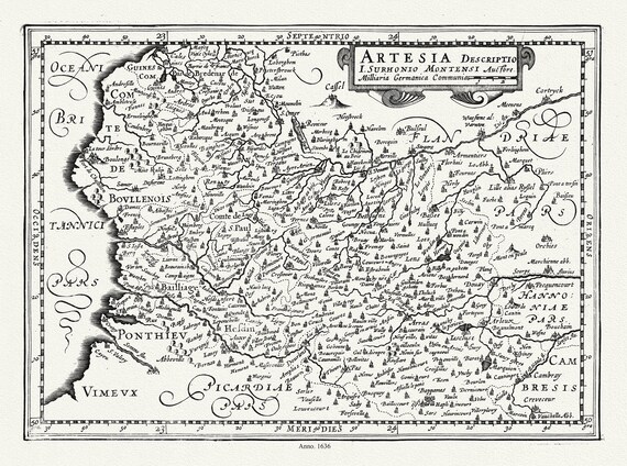 Artois: van Waesberge ,Mercator et Cloppenburg, Artesia descriptio, 1636, carte sur toile de coton épaisse, environ 56x70cm