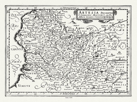 Artois: van Waesberge ,Mercator et Cloppenburg, Artesia descriptio, 1636, carte sur toile de coton épaisse, environ 56x70cm