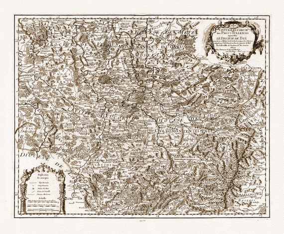 Delisle, (Guillaume de,1675-1726), Civitas Leucorum, Diocese de Toul, 1707 Ver. S , carte sur toile de coton épaisse, environ 56x70cm