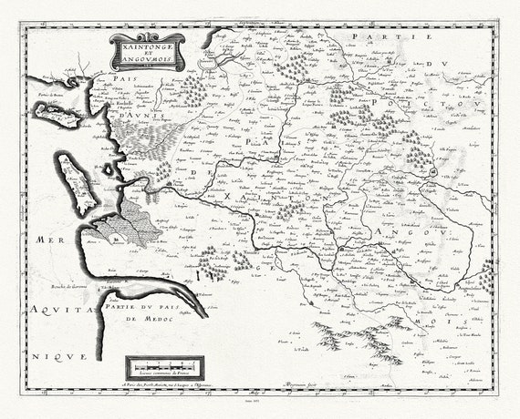 Poictou: Mariette, Xaintonge et Angoumois, 1653 , carte sur toile de coton épaisse, environ 56x70cm