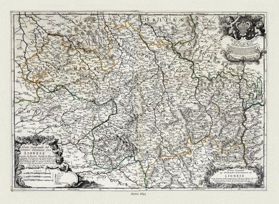 Lyonnais: Rossi, Governo Generale del Lionese (France), 1693 , carte sur toile de coton épaisse, environ 56x70cm