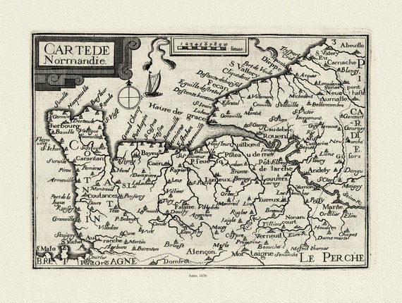 Normandy: Tassin, Carte de Normandie, 1636 , carte sur toile de coton épaisse, environ 56x70cm