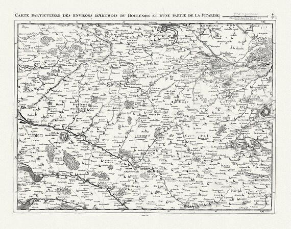 Artois: Fricx,  Carte particuliere des environs d'Arthois, Boulenois, et d'une Partie de la Picardie. 1708, sur toile de coton , 56x70cm