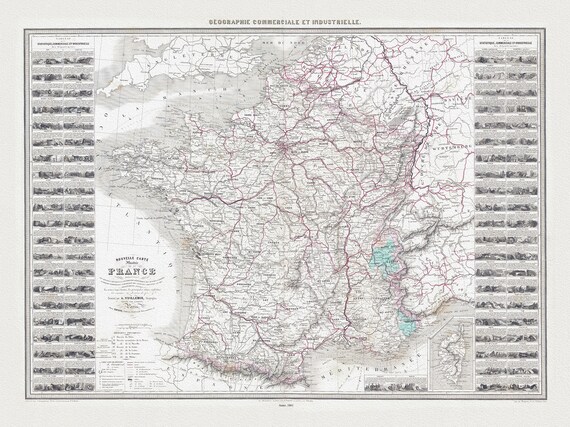 Alexandre Vuillemin,  Pl. 3., Nouvelle carte illustree de la France, 1861 ,une carte sur toile de coton épais, 56x70cm environ