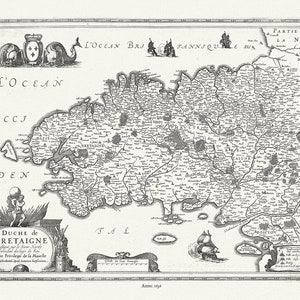 Duche de Bretaigne; dessigné par le sieur Hardy Mareschal des logis du roy, 1636, Jansson auth., map on canvas, 50 x 70 cm or 20x25" approx.