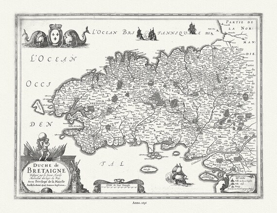 Duche de Bretaigne; dessigné par le sieur Hardy Mareschal des logis du roy, 1636, Jansson auth., map on canvas, 50 x 70 cm or 20x25" approx.