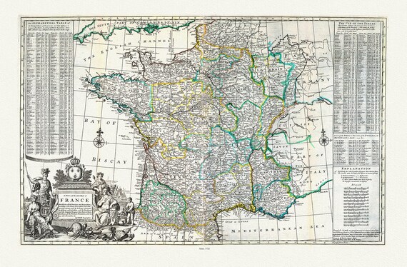 Moll, France, 1732, une carte sur toile de coton épaisse, environ 56x70cm