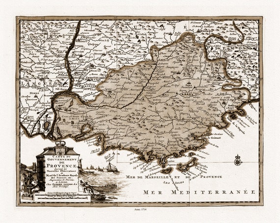 Provence: van der Aa, Carte du gouvernement de Provence, 1714 Ver. S , une carte sur toile de coton épaisse, environ 56x70cm