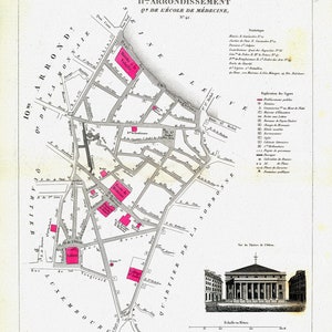 Perrot, Paris 11 Me. Arrondissement  Quartier de l'Ecole de Medecine. No. 42, 1834 , une carte sur toile de coton épaisse, environ 56x70cm