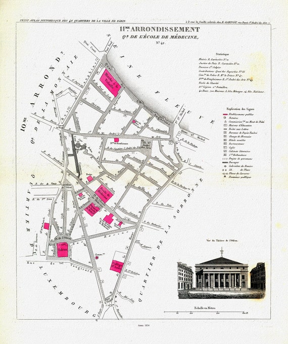 Perrot, Paris 11 Me. Arrondissement  Quartier de l'Ecole de Medecine. No. 42, 1834 , une carte sur toile de coton épaisse, environ 56x70cm