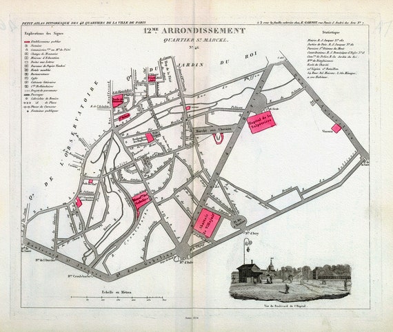 Perrot, Paris 12 Me. Arrondissement  Quartier St. Marcel. No. 46, 1834 , une carte sur toile de coton épaisse, environ 56x70cm