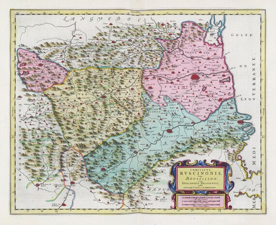 Roussilon, Comitatvs Rvscinonis, 1665, Bleaue auth.  , une carte sur toile de coton épaisse, environ 56x70cm