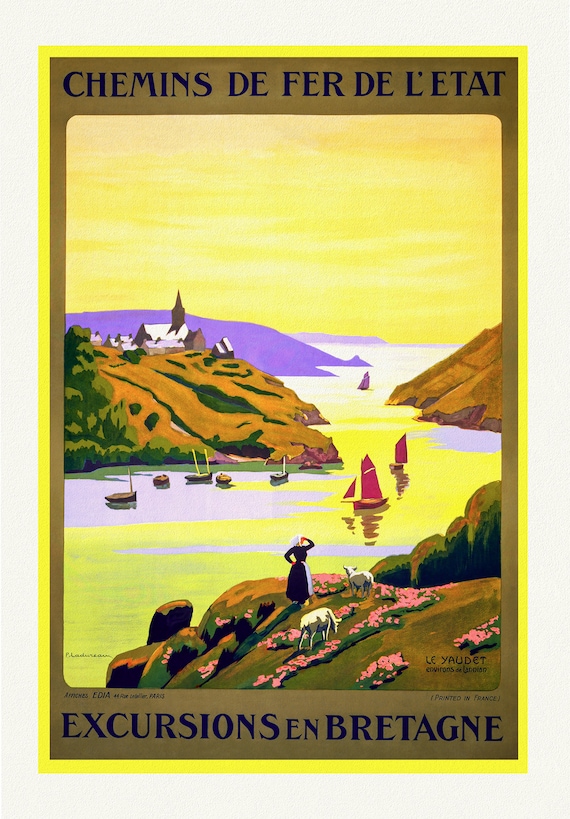 Brittany, Excursions en Bretagne  , une affiche de voyage sur toile de coton épaisse, environ 56 x 70cm