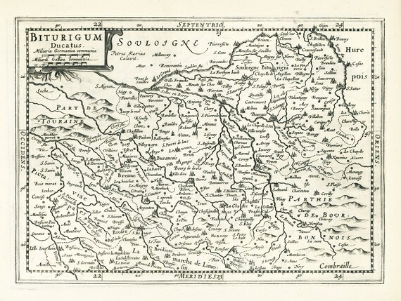 Biturigum Ducatus.1636. Mercator et al. auth. Loire , une carte sur toile de coton épaisse, environ 56x70cm