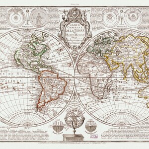 Danet, Carte Generale de la Terre, 1729,  , une carte sur toile de coton épaisse, environ 56x70cm