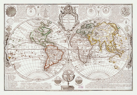 Danet, Carte Generale de la Terre, 1729,  , une carte sur toile de coton épaisse, environ 56x70cm
