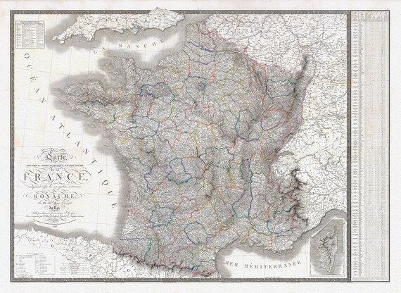 Andriveau et Brue, Carte physique, administrative et routiere de la France, 1830, carte sur toile de coton épaisse, environ 56x70cm