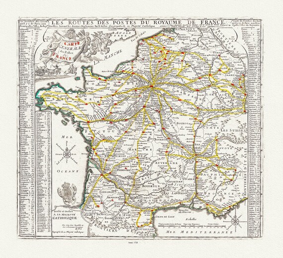 Fer, (Nicolas de, 1646-1720), Carte General des Postes de France, 1728, une carte sur toile de coton épais, 56x70cm environ