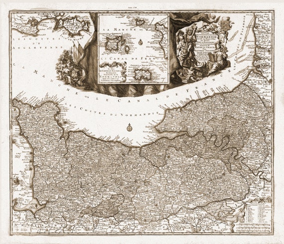 Normandy: Seutter, Duche et Gouvernement General de Normandie, Harve de Grace, Garnezy  et Aurigny, 1740, v.S, de coton épaisse, 56x70cm