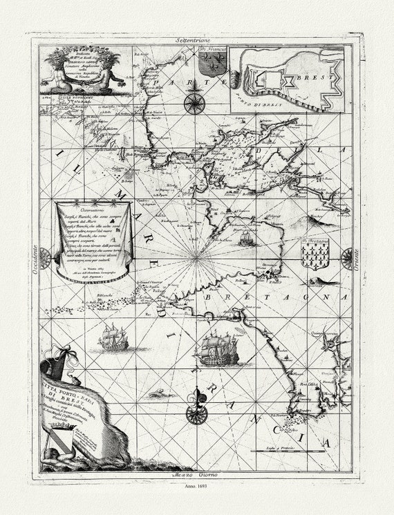 Brittany: Coronelli, Citta, Porto e Rada di Brest, 1693 , carte sur toile de coton épaisse, environ 56x70cm