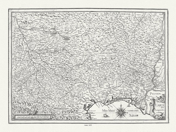 Languedoc: Mariette, Carte du Languedoc, 1653, une carte sur toile de coton épaisse, environ 56x70cm