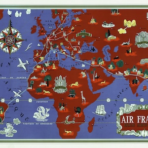 Air France, Reseau Aerien Mondial, 1934, Lucien Boucher auth. une affiche de voyage sur toile de coton épaisse, environ 56 x 70cm