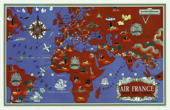 Air France, Reseau Aerien Mondial, 1934, Lucien Boucher auth. une affiche de voyage sur toile de coton épaisse, environ 56 x 70cm